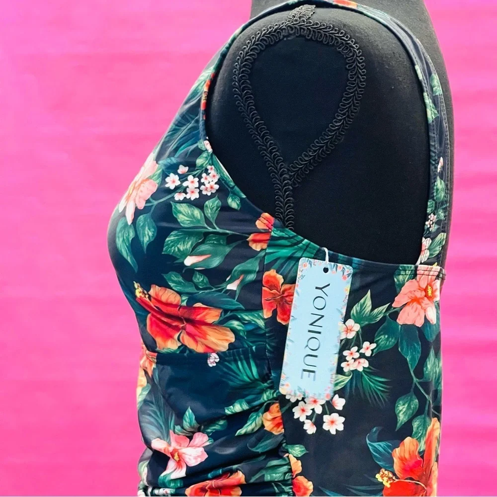 Yonique Floral Tropical Hibiscus One-Piece Swimsuit Size Large